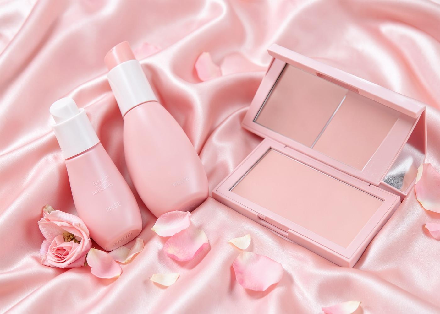 Rosa Medicube PDRN-produkter på silke